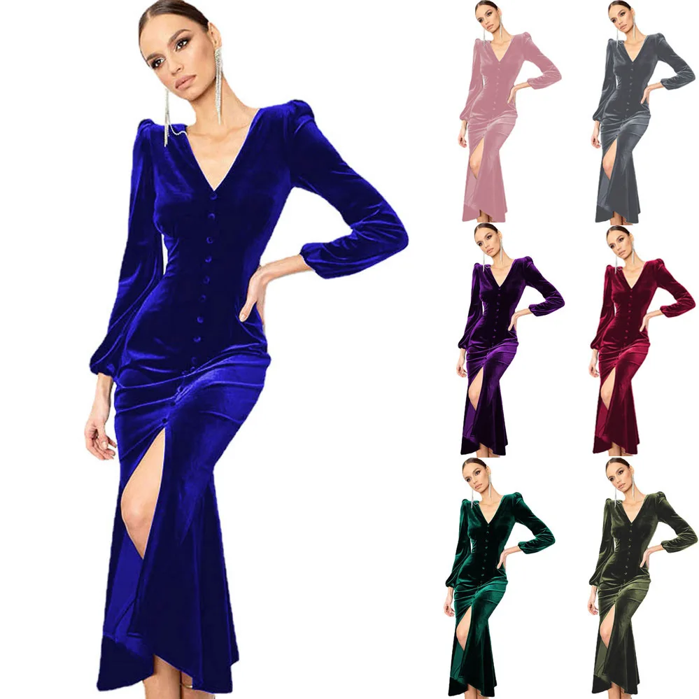 

Autumn and Winter 2022 New Knitted V-Neck Solid Shoulder Pad Long Sleeve Split Evening Dress Women's Dress