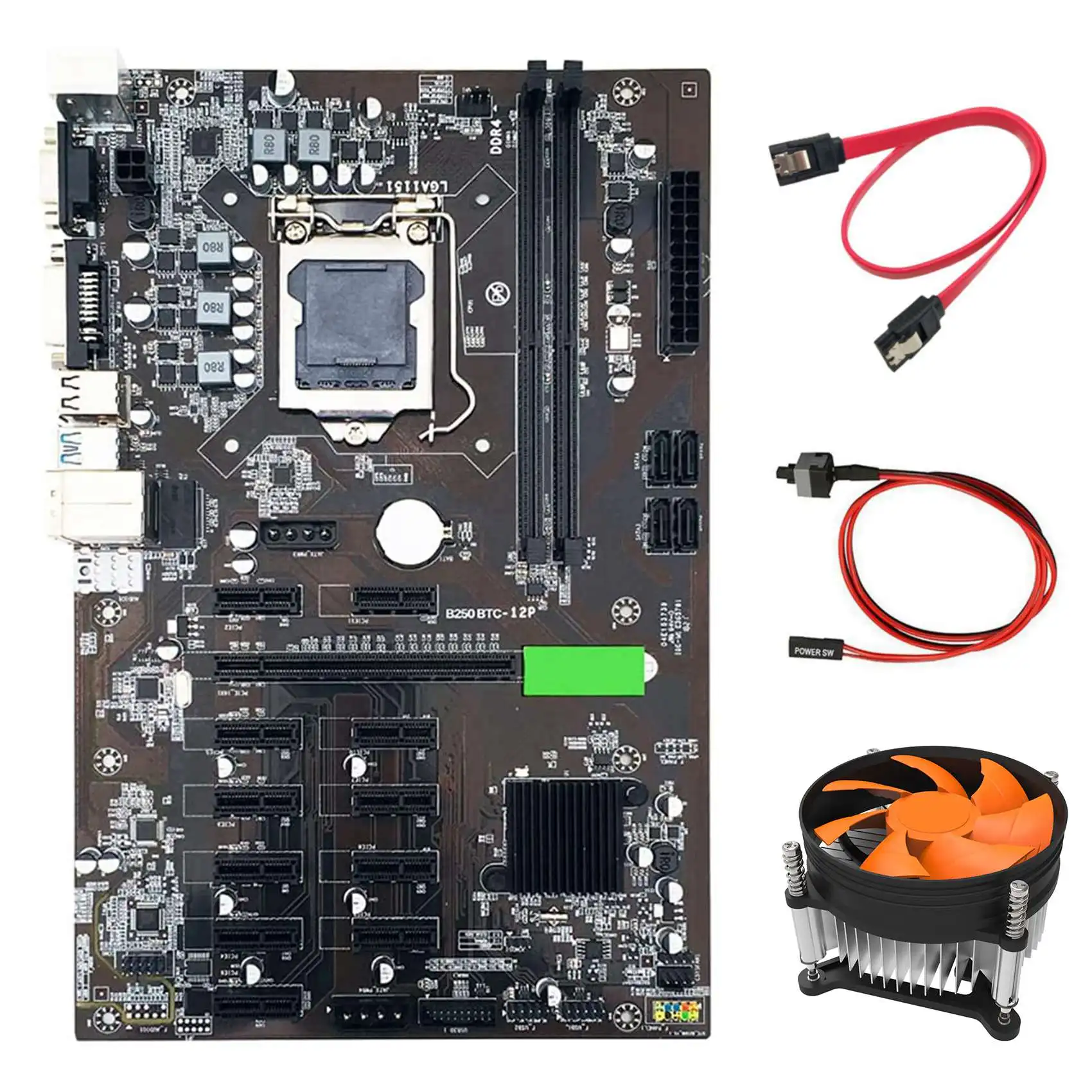 

BTC B250 Miner Motherboard with Cooling Fan+Switch Cable+SATA Cable 12XGraphics Card Slot LGA 1151 DDR4 SATA3.0 for BTC
