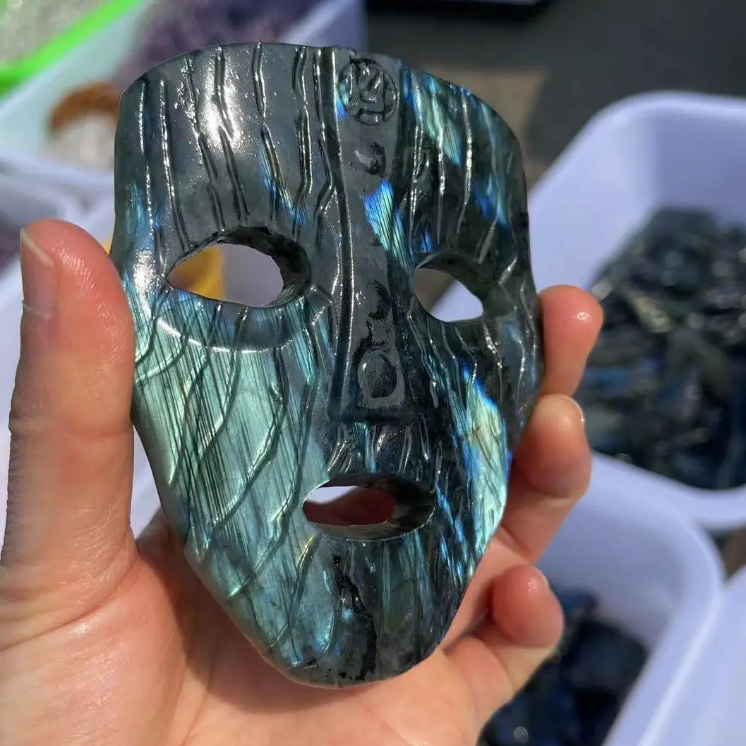 

Ntural Labradorite mask Carved Statue Room Ornament Healing Crystal Reiki Animal Figurine Gemstone Home Decora