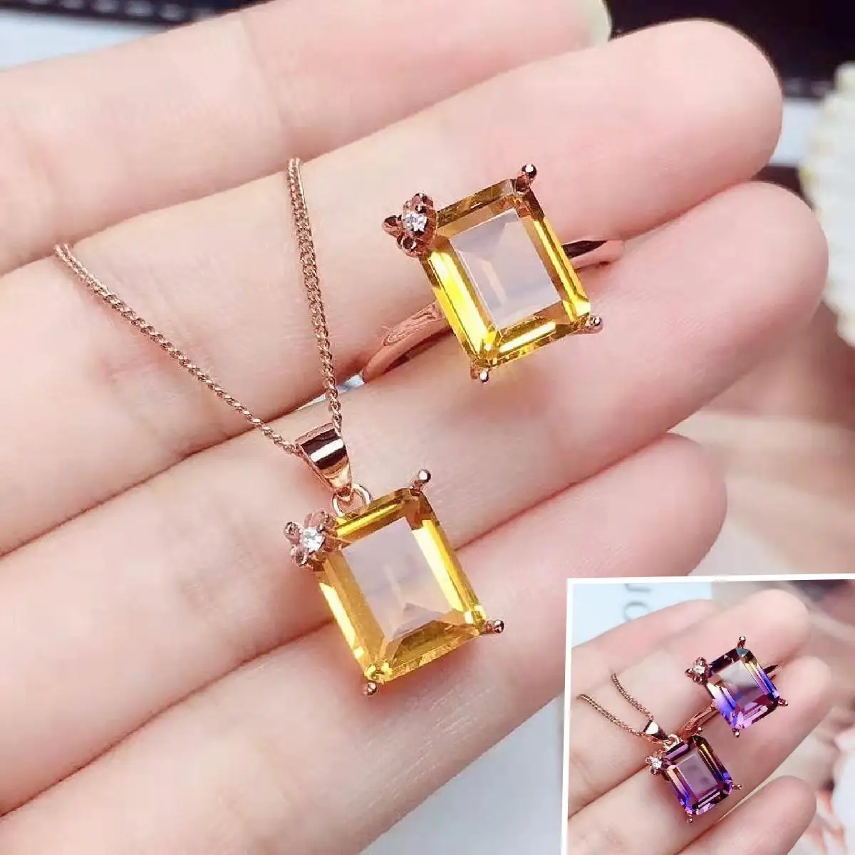 Высококачественный набор кольца и ожерелья из натурального цитрина/аметрина, серебряное 925 пробы, изысканная мода для женщин, свадебные украшения MeiBaPJ FS.