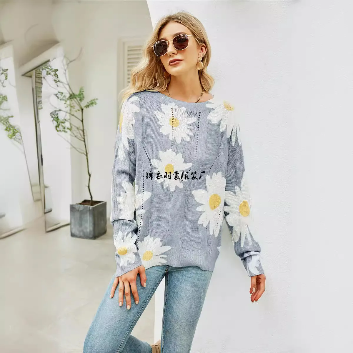 Фото Топ Y2k Pull Femme Женская одежда Цветочный полый модный универсальный свитер с круглым вырезом и длинными рукавами Prendas De Punto Nuevas №2