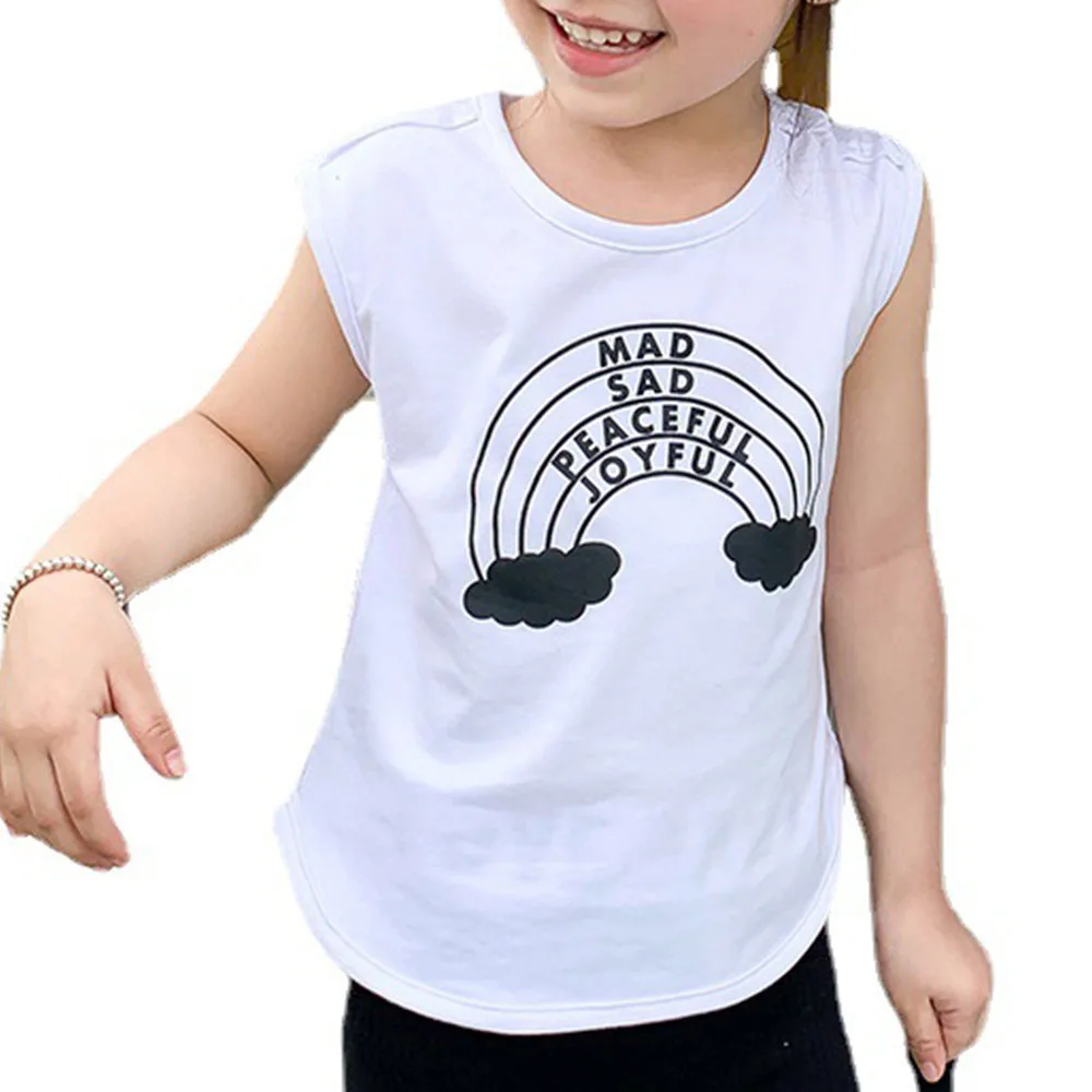

Girls Sleeveless Shirts 2022 Summer Vests Baby Rainbow Printed Tops Children's Cotton Clothing Boys Korean Style Outerwear
