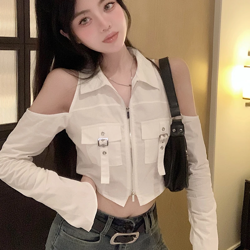 

Lady Off Shoulder Pockets Long Sleeve Short Length Shirts Street Casual Crop Top Women Solid White Zipper Slim Shirt 2023 Autumn