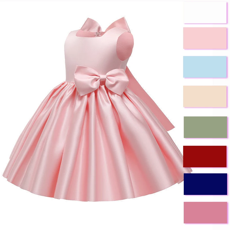

2023 Summer Kids Toddler Baby Flower Girls Satin Tutu Princess Dress for Birthday Ceremonies Wedding Party 2-9Years