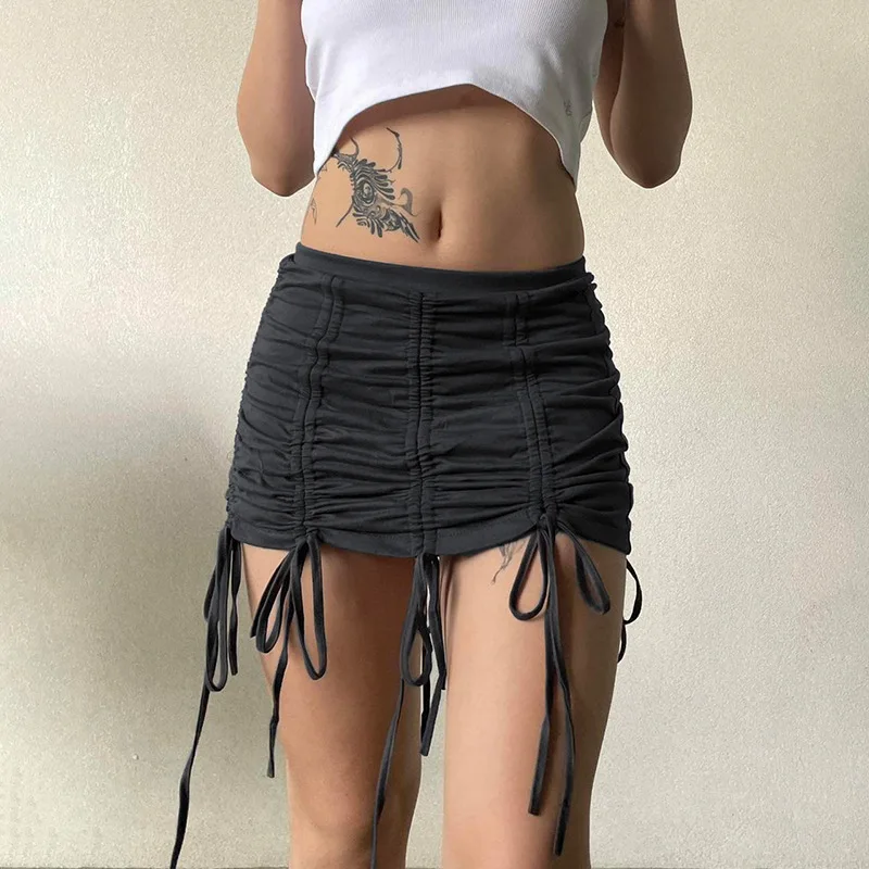 

Personalized Spicy Girl Style Elastic Waist with Multiple Drawstring Ties High Waist Wrap Hip Skirt