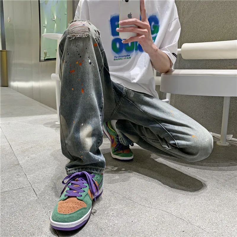 Tie-dye Jeans Men's Loose Korean Version Trend Casual Ins High Street Retro Trousers Baggy Jeans Men's Y2K Straight-leg Pants