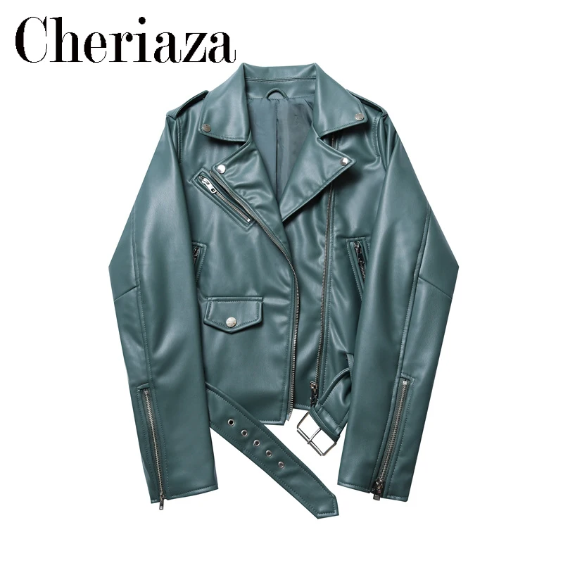 2022Spring Autumn Women's Faux Leather Classic Leather Jacket Casual Long Sleeves Belt Decoration Zipper Solid Color Top Female images - 6