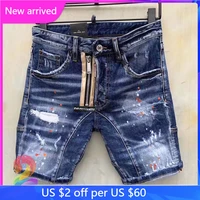 dsq2 shorts gold leather strip zipper broken damage casual paint icon mens denim shorts oversized