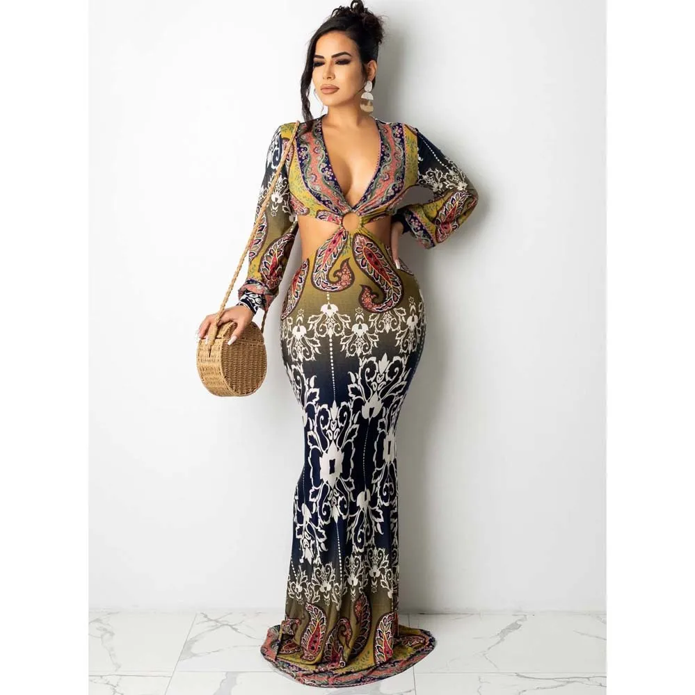 

Женское облегающее платье с V-образным вырезом и длинным рукавом