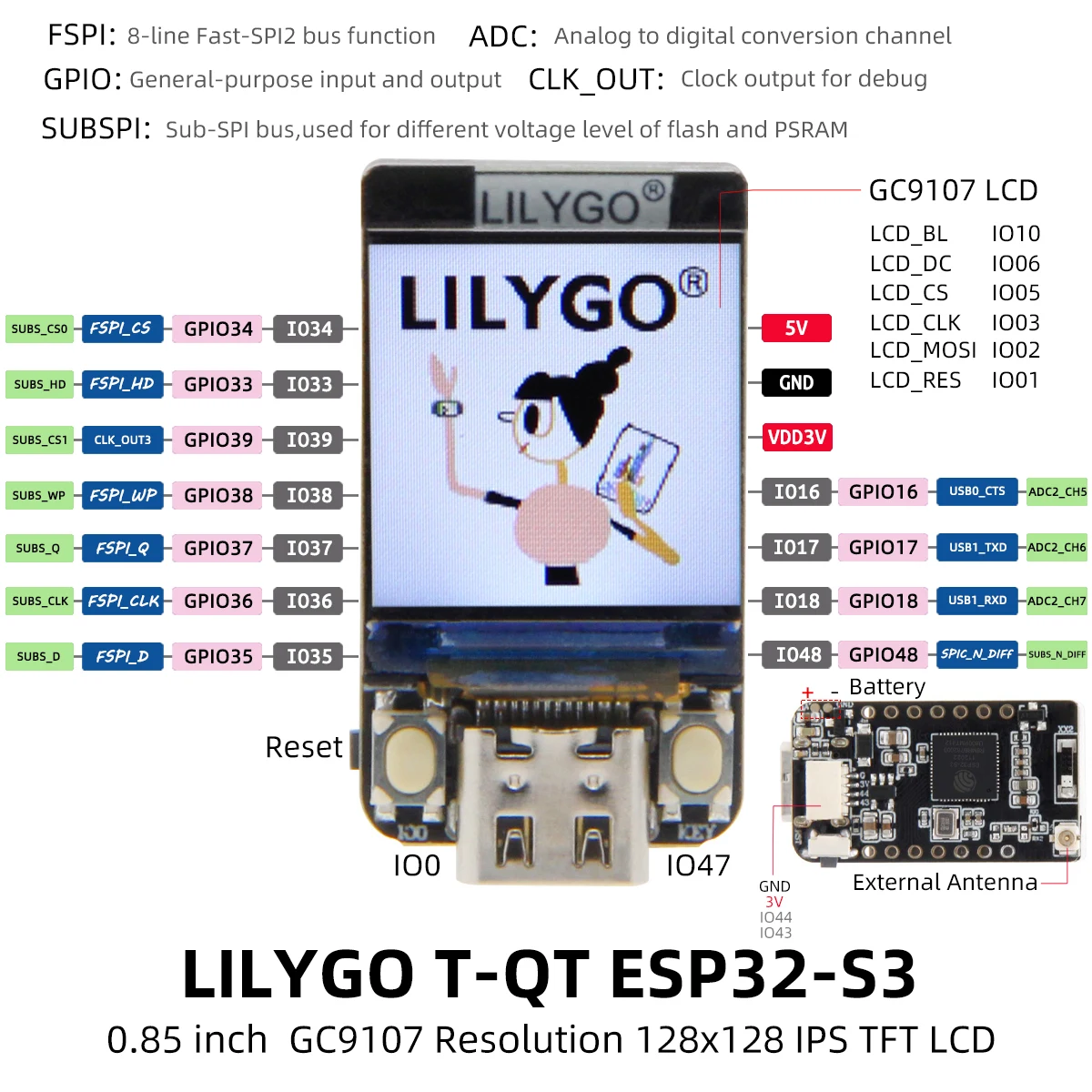 LILYGO® T-QT V1.1 or Pro ESP32-S3 GC9107 0.85 Inch LCD Display Module Development Board WIFI Bluetooth Full Color 128*128 Screen