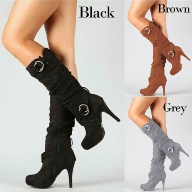 

New Mid-calf Boots Women Spring Autumn Faux Suede Buckle Fashion Spike High Heels Woman Shoes Solid Botas Femininas Large Size