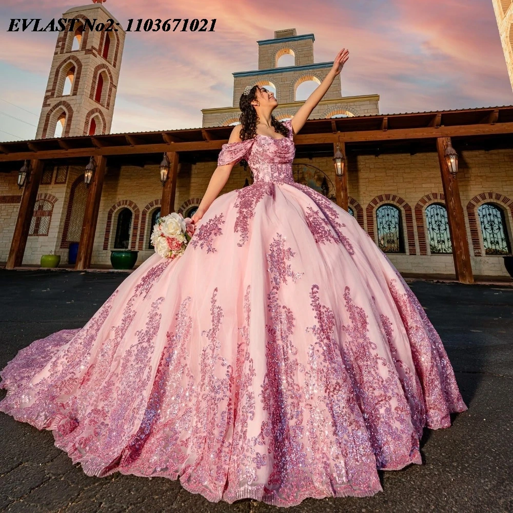 EVLAST Розовое платье Quinceanera по индивидуальному заказу бальное блестящая кружевная
