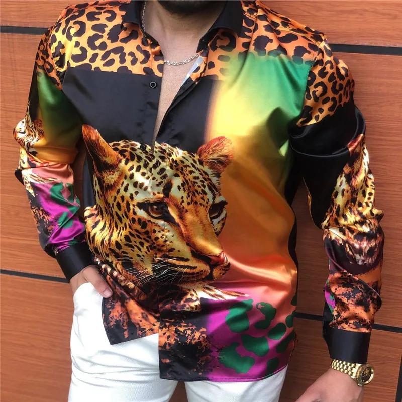 Spring Autumn Men's long-Sleeved Shirt Tiger Leopard Pattern Printed Long-Sleeved High-Quality Lapel Button Hawaiian Flower Shir