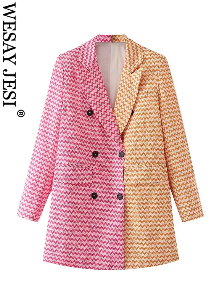

WESAY JESI Модный женский блейзер с волнистым узором сращивающийся цвет двубортный костюм воротник с длинным рукавом куртка женская одежда на в...