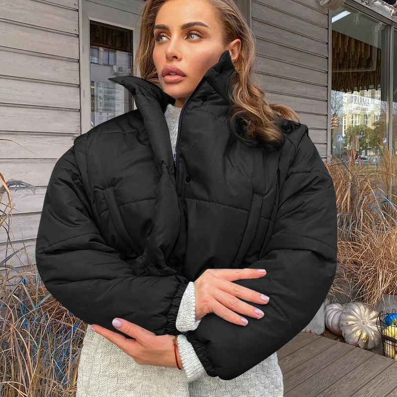 Two-wear Women's Short Down Down Cotton Thick Drawstring Waistcoat Jacket Parka Coat Zipper Winter Bubble Jacket Warm Streetwear