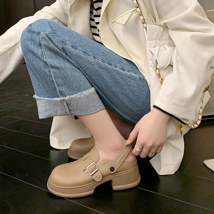 

2023 New Skin Matsuke Heel Round Head Belt Buckle Back Hollow Women's Single Shoe Fashion Thick Sole Baotou Sandals Bucken Shoes