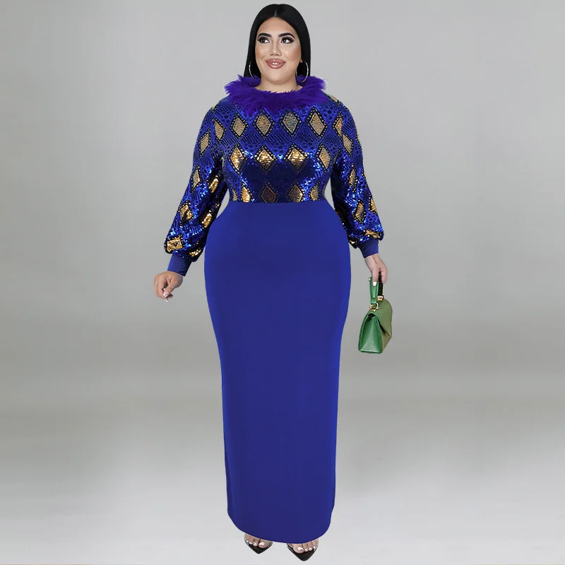 2022 Plus Size Solid Sequins Skinny Long Dress Party Style Round Neck Panel Wool Long Sleeve Elegant Women's Skinny Dress