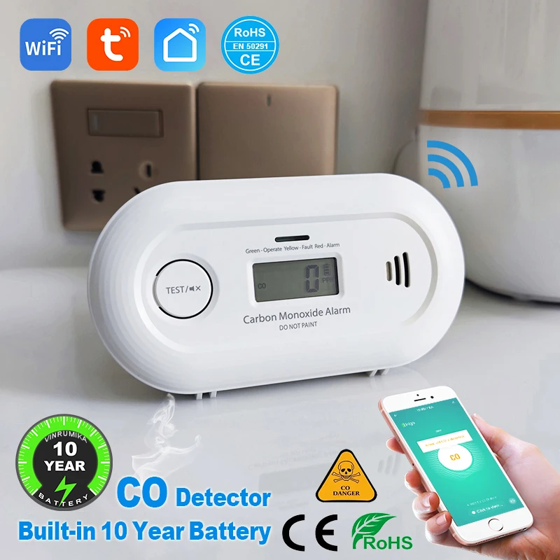 Wi-Fi Tuya умный датчик детектора угарного газа встроенная 10-летняя литиевая батарея для домашней безопасности ЖК-дисплей детекторы CO сигнализация