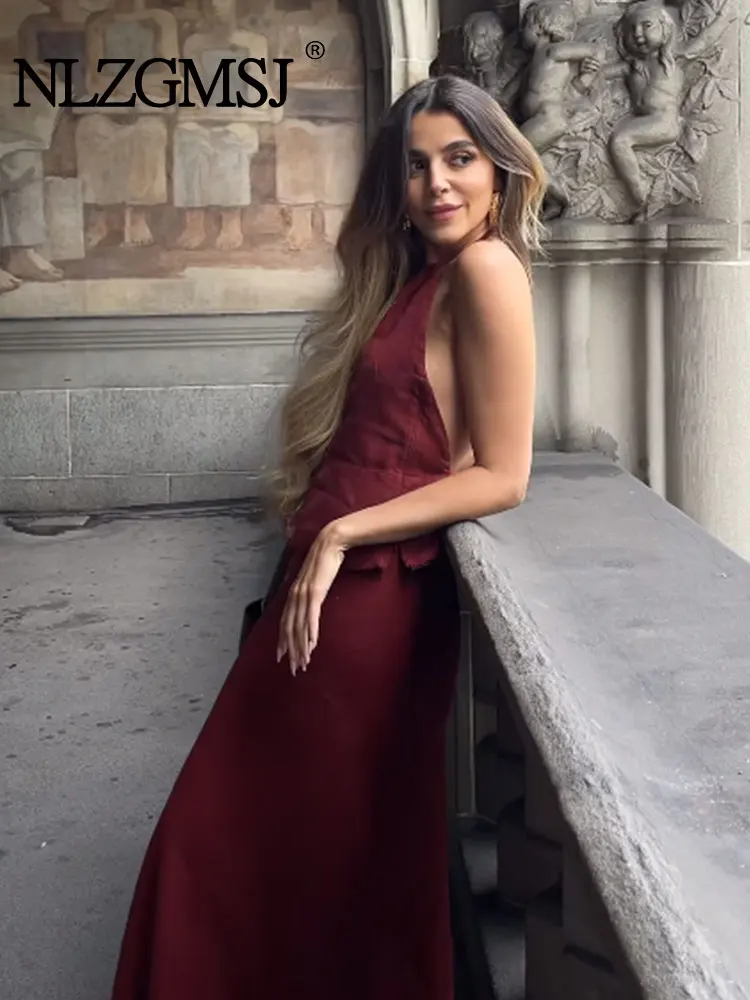 

Nlzgmsj TRAF Women 2 Pieces Sets Female Vintage Halter Camis Tops Women Sets + Midi Skirt Set Woman Outfit Suit