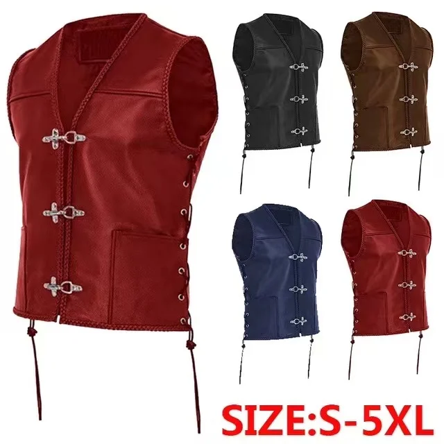 Men's Vintage Leather Vest single breasted sleeveless top punk Medieval Knight vest cycling hip hop |