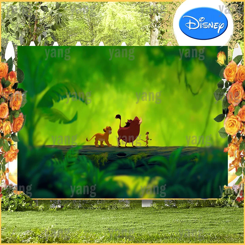 

Cartoon Disney Lion King Simba Cute Timon Pumbaa Green Jungle Backdrop Custom Birthday Party Decoration Photography Background