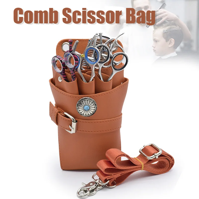 

Orange PU Leather Hair Scissor Clips Comb Bag Hairdressing Barber Scissors Holster Pouch Holder With Waist Shoulder Belt Case