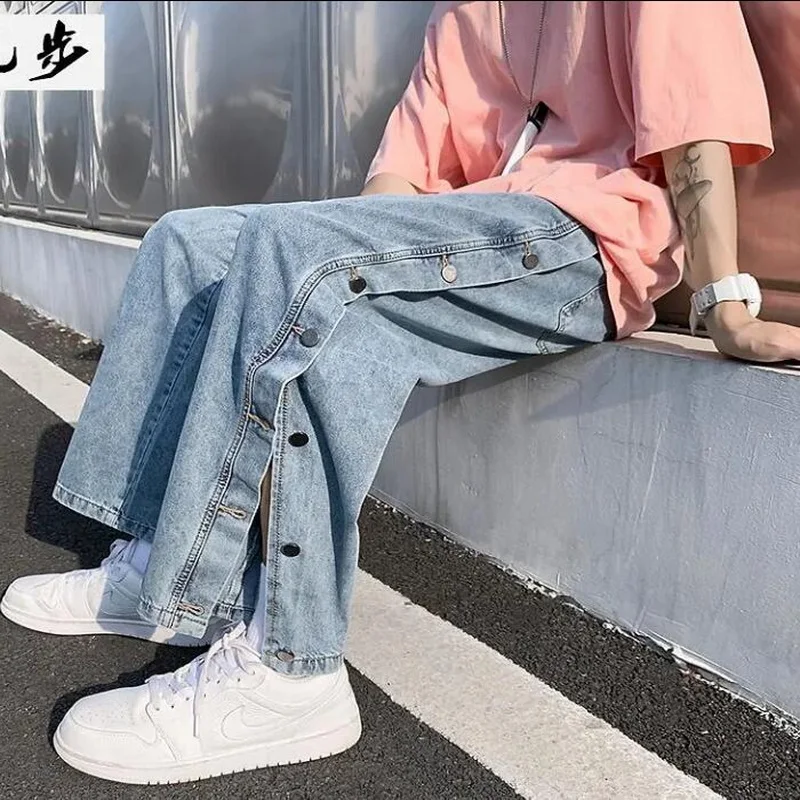 Men's Jeans Leg Button Slit Jeans Men's Loose Straight High Street  Jeans Retro Daddy Pants