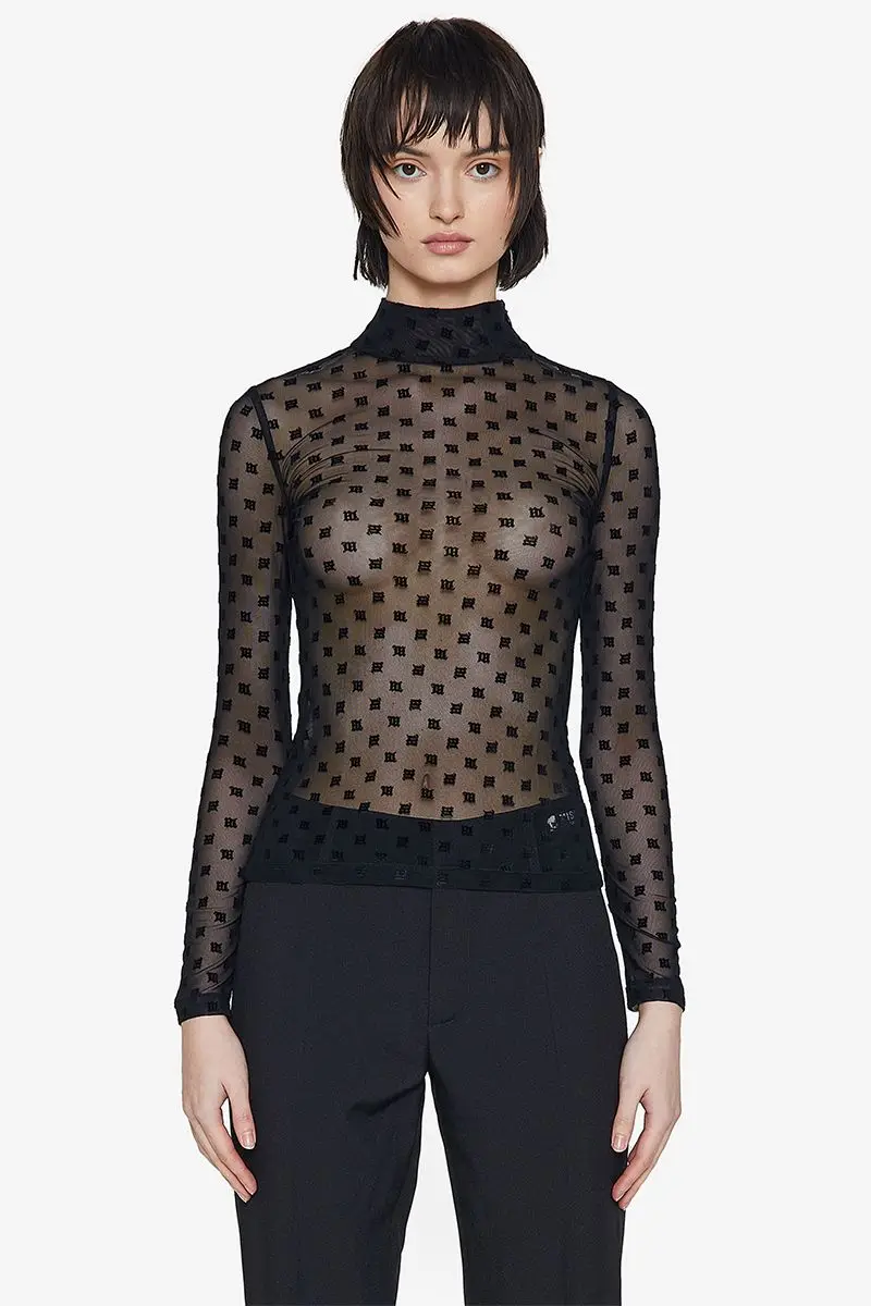 

2022 Presbyterian lettering flocked mesh t-shirt high collar long sleeve onesie sexy micro-transparent base shirt translucent ti