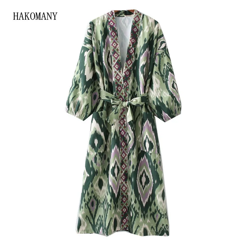 

2021 Women Bandage Tie Bow Sashes Cardigan Loose Blouse Tops Holiday BOHO Green Geometric Print Long Kimono Shirt Hippie