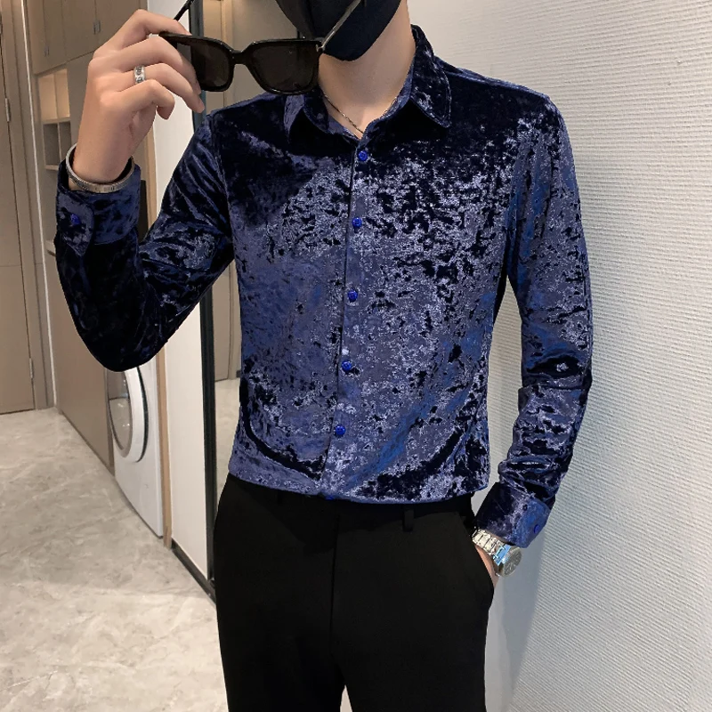 

Новинка весна-осень 2022, мужская повседневная рубашка с длинным рукавом, бархатная Облегающая рубашка, модная облегающая мужская рубашка