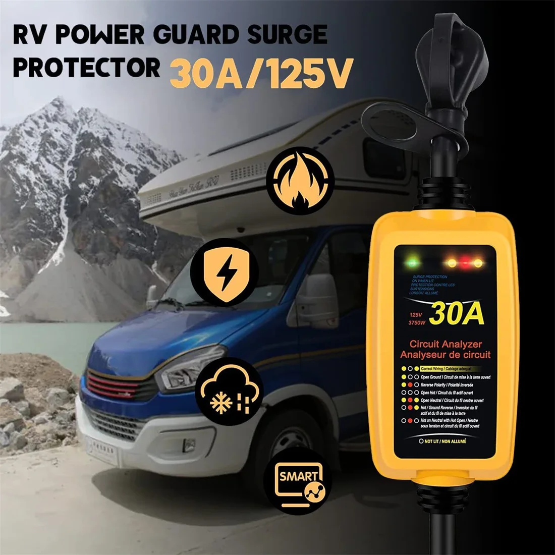 Стабилизатор напряжения RV 30 А 125 в, анализатор схем, светодиодный индикатор, подсветсветильник US Plug Grip Handle NEMA TT-30P для лодки, дом на колесах