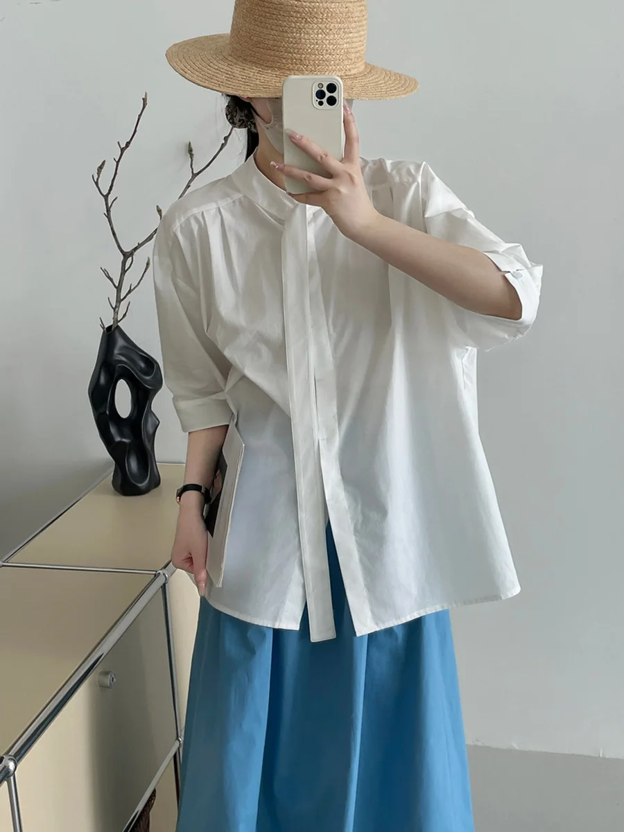 Белая рубашка с воротником-стойкой и рукавом лентой женские модные брендовые