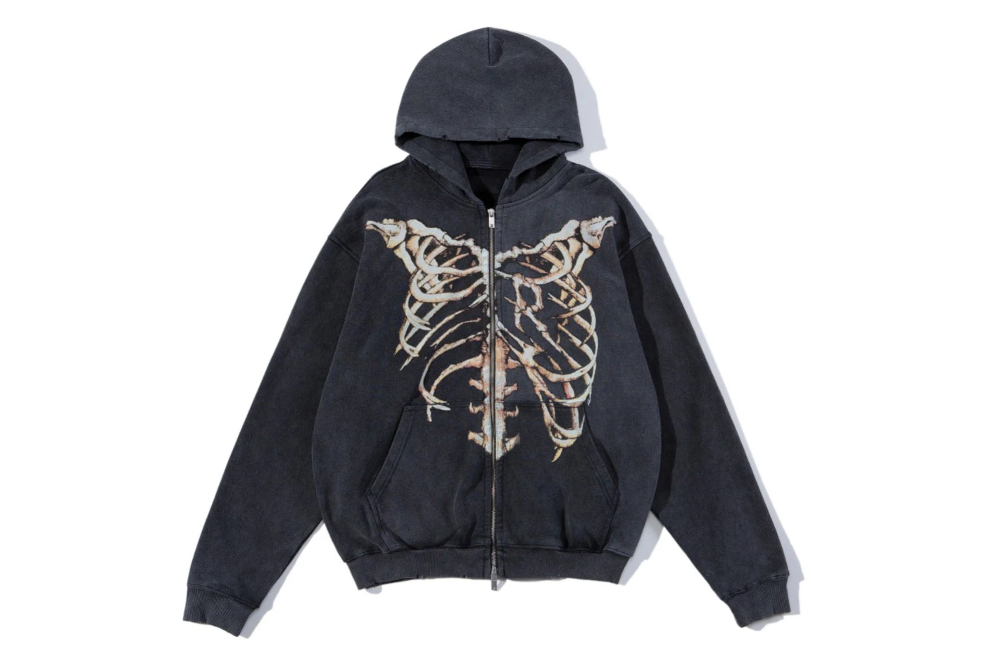 Y2K Harajuku Korean Style Loose Skeleton Zip Up Hoodie Goth Grunge Long-Sleeved Hooded Jacket Retro Black Oversized Sweatshirt