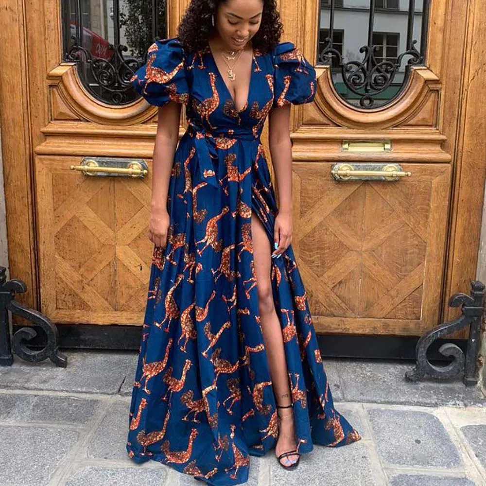 

2022 New Fashion Women Short Sleeve Dress Printing Split Patchwork V-neck Loose Elegant Chic High Waist Ladies Dress For Summer