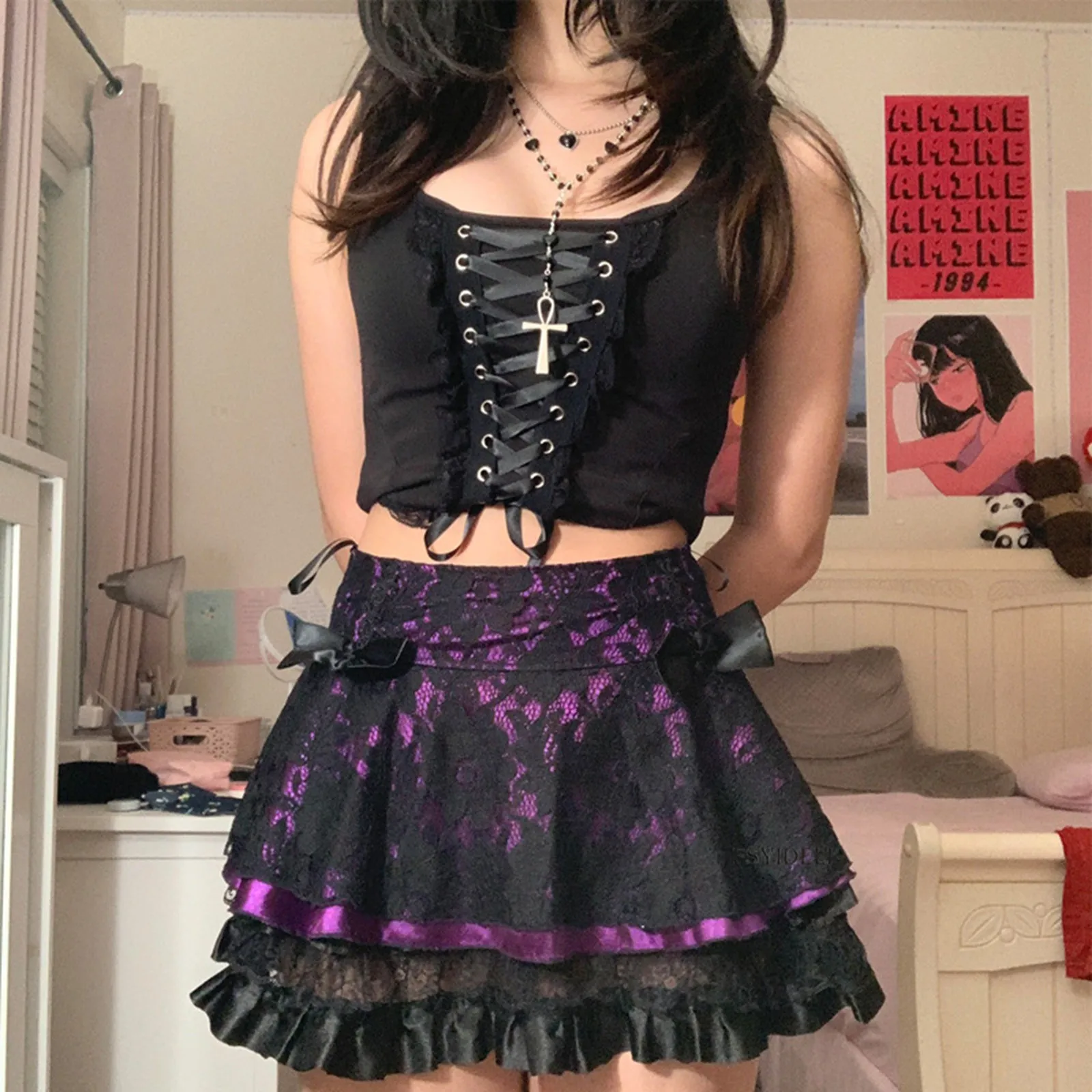 

Юбка женская кружевная плиссированная с высокой талией, Готическая Милая Короткая юбка на шнуровке с оборками, юбка