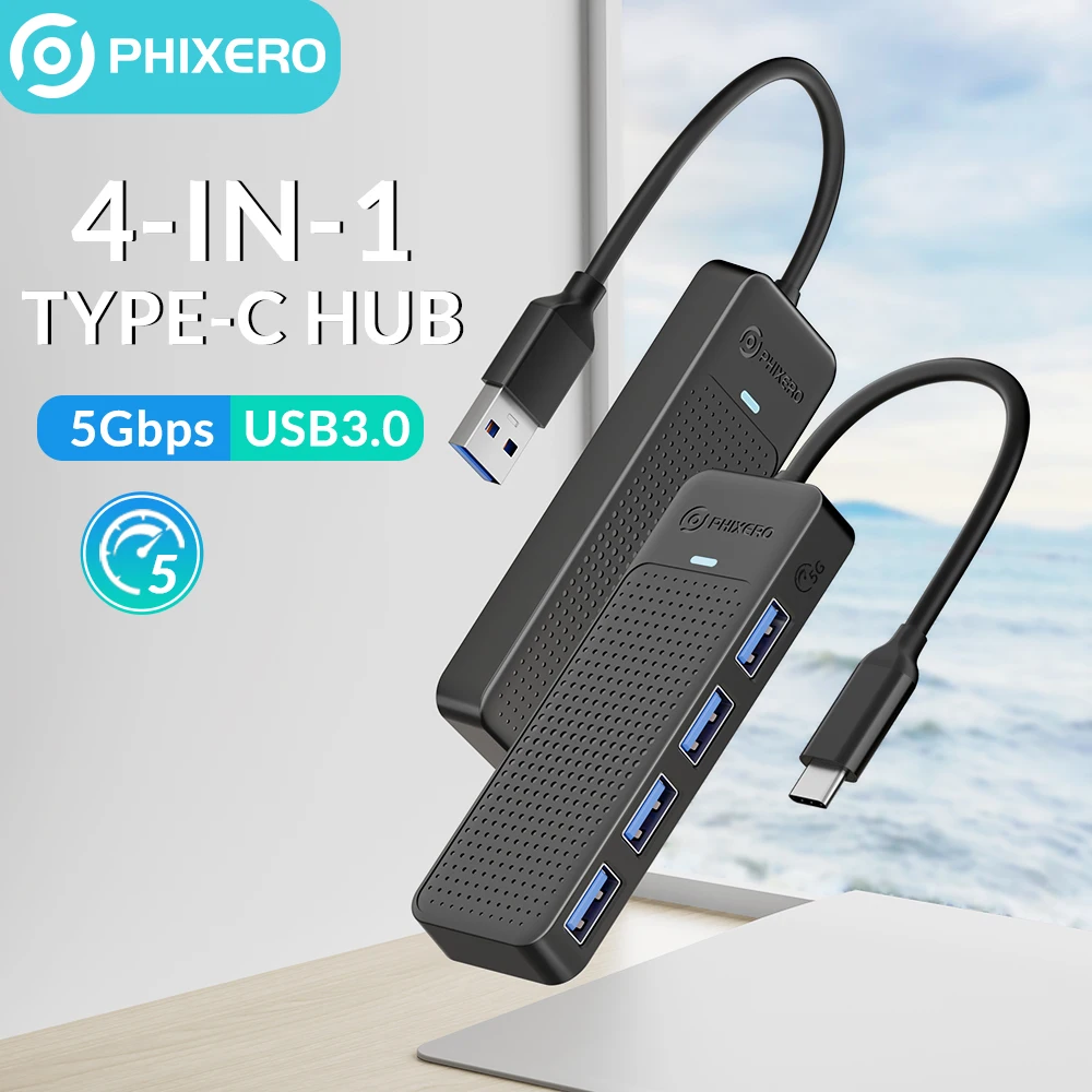 

PHIXERO USB 3.0 HUB Multi USB Splitter Type C 4 Port Adapter Expansion OTG 5Gbps High Speed For Macbook PC Computer Accessories