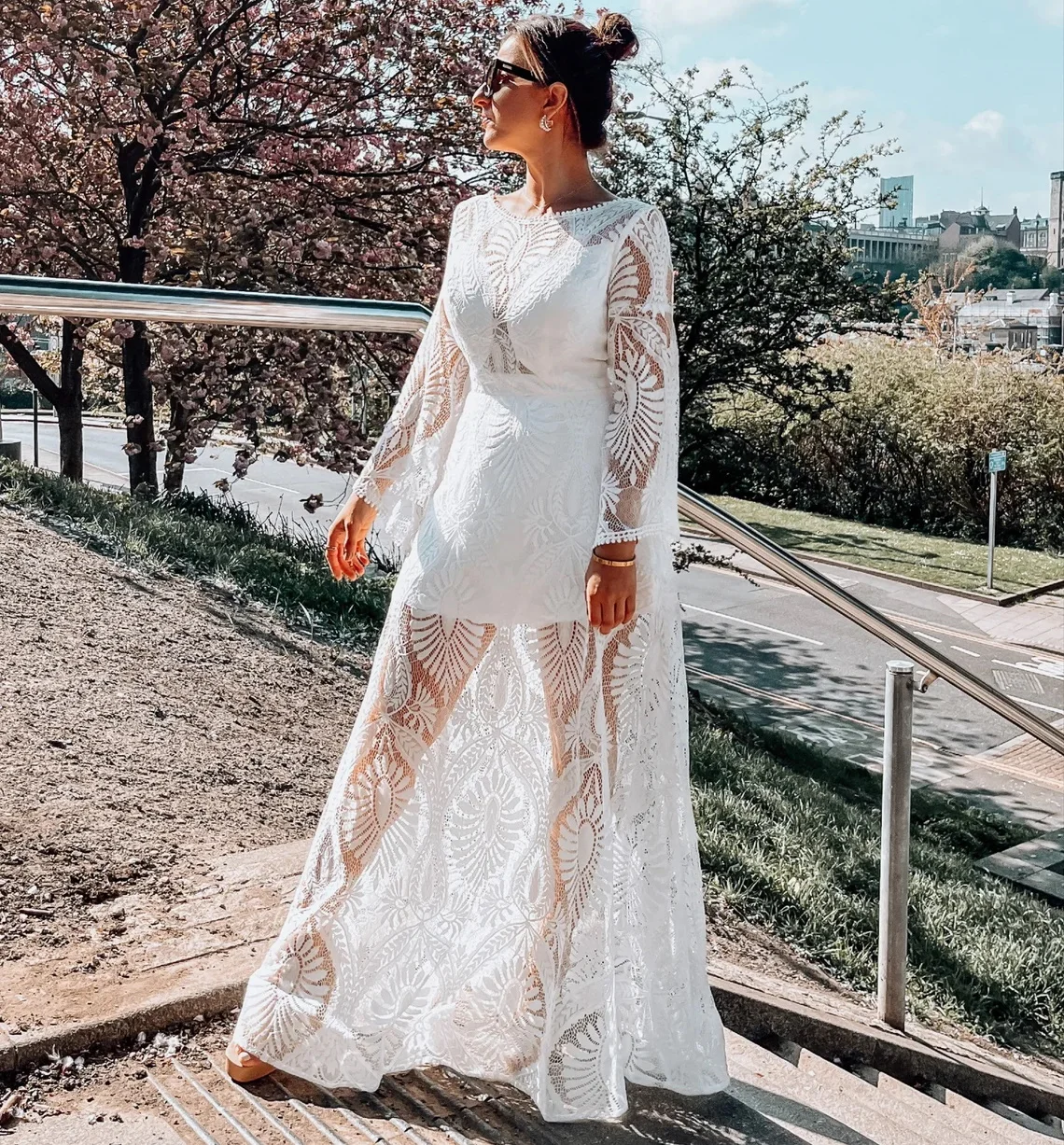 

13249 # пляжное богемное 2022 элегантное мягкое кружевное платье с рукавами-фонариками и вырезом лодочкой длиной до пола с короткой подкладкой и открытой спиной свадебное платье