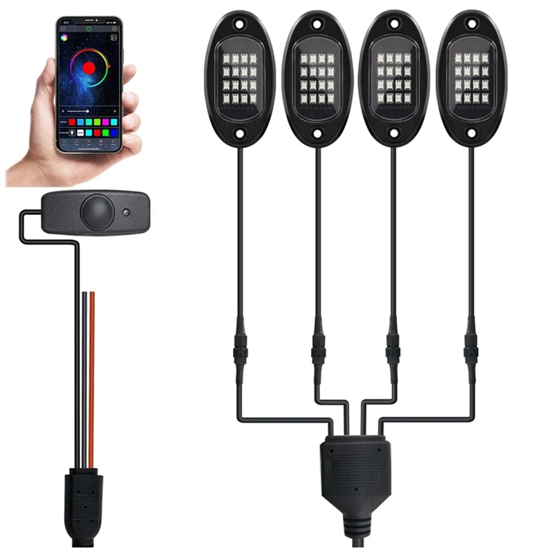 

RGB LED Rock Lights, 16 LEDs Neon Underglow Lighting 4 Pods Waterproof Music Mode Light for Jeep Truck Car UTV ATV SUV