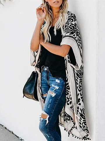 Женский кардиган-кимоно в богемном стиле, Повседневная Блузка с открытым спереди и рукавом, с принтом, A367, 2023