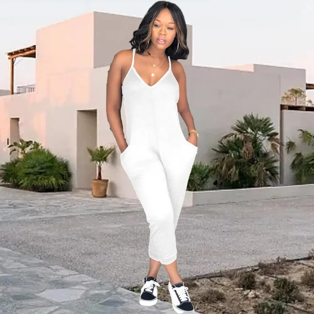 

Women Sling Jumpsuit Slim Fit V-neck Sleeveless Jumpsuit Solid Color Pockets Playsuit Bib Overall Streetwear
