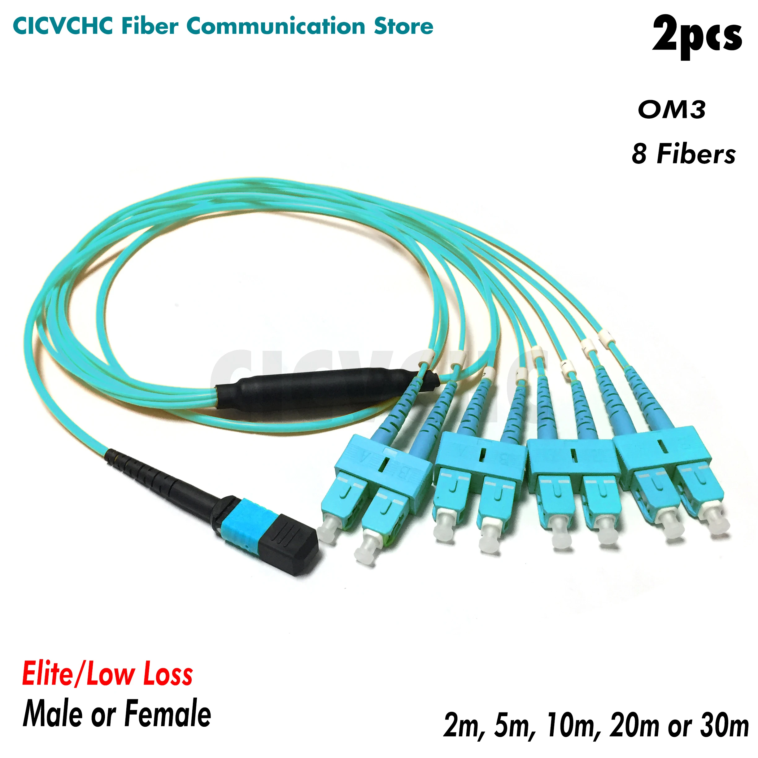 2pcs 8 fibers-MPO/UPC(Elite)-Duplex SC/UPC -OM3-300-Polarity B-Low loss-Fanout-2m to 30m/QSFP+ till SFP+