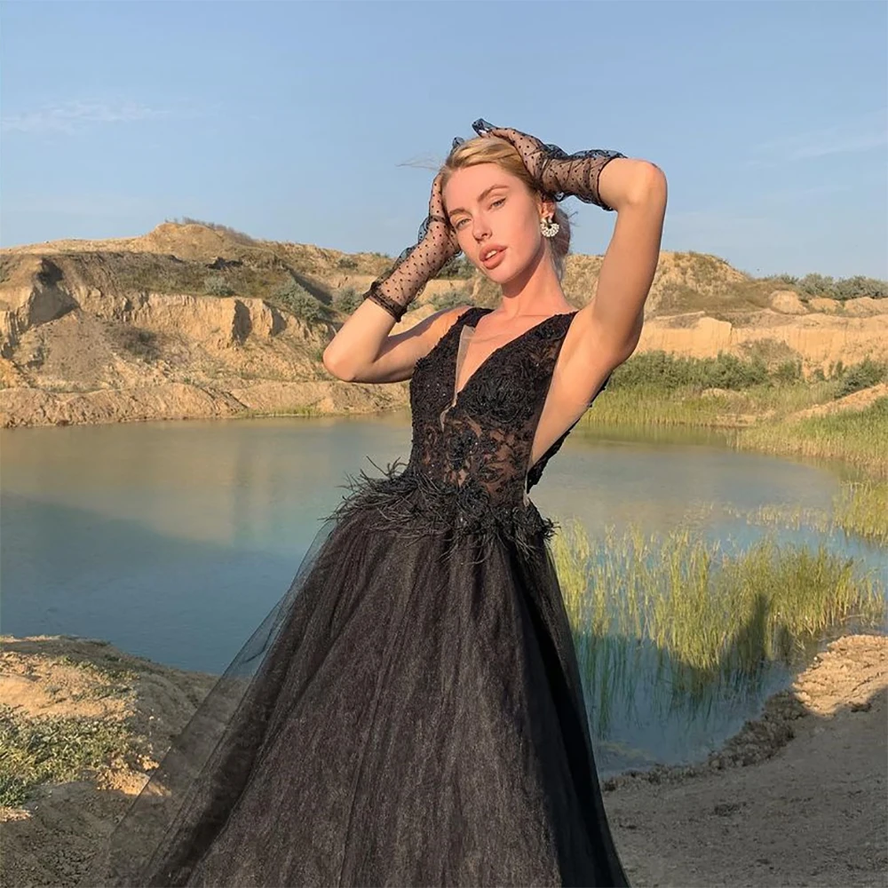 

Элегантное Черное Кружевное Тюлевое вечернее платье Xijun с аппликацией и V-образным вырезом, ТРАПЕЦИЕВИДНОЕ Плиссированное Платье, Свадебные платья