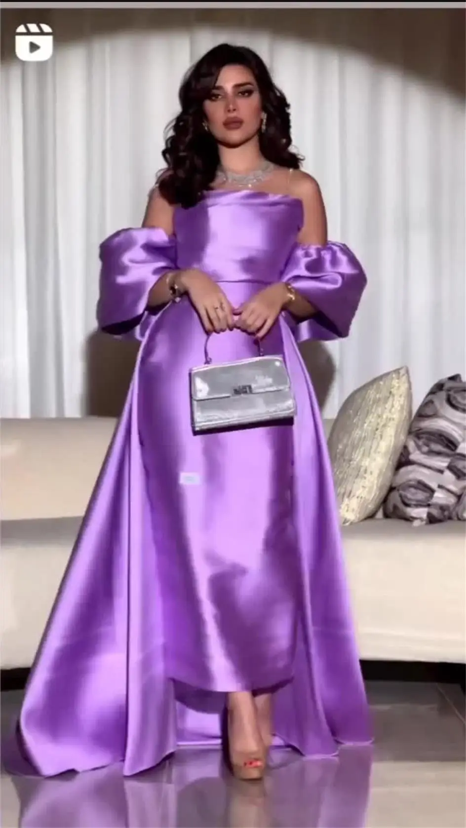

Vintage Purple Mermaid Puff Sleeves Prom Dresses Strapless Backless Pleated Evening Gowns Ankle Length Formal Party Dresses