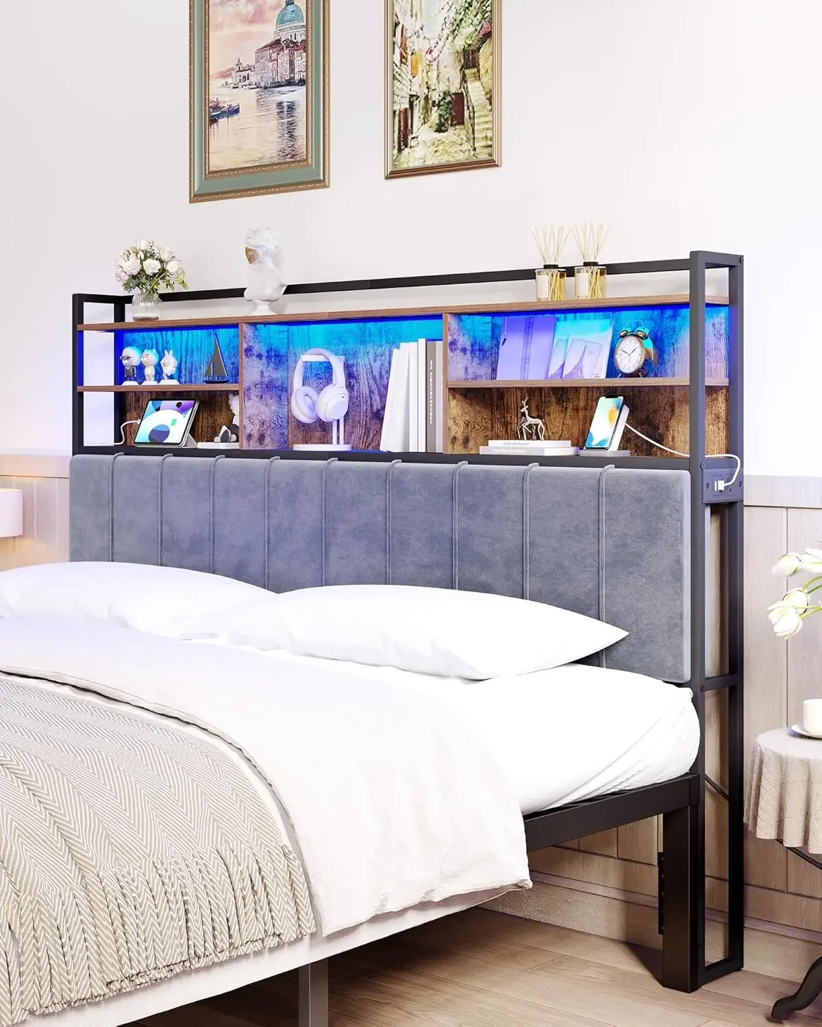 с 3-уровневыми полками для хранения мягкая изголовье 2 розетками USB-портами и