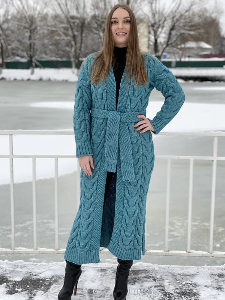 

Женский вязаный кардиган, свитер, однотонные длинные вязаные кардиганы с витой веревкой, пальто, свитеры с поясом для женщин, Осень-зима 2022