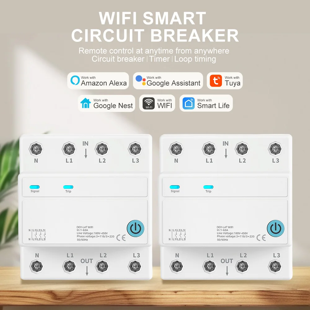 Фото Умный Wi-Fi выключатель на 4 цепи с 3 реле, дистанционным управлением, отключением фазы, таймером обратного отсчета, совместимый с приложениями TUYA/SmartLife №2