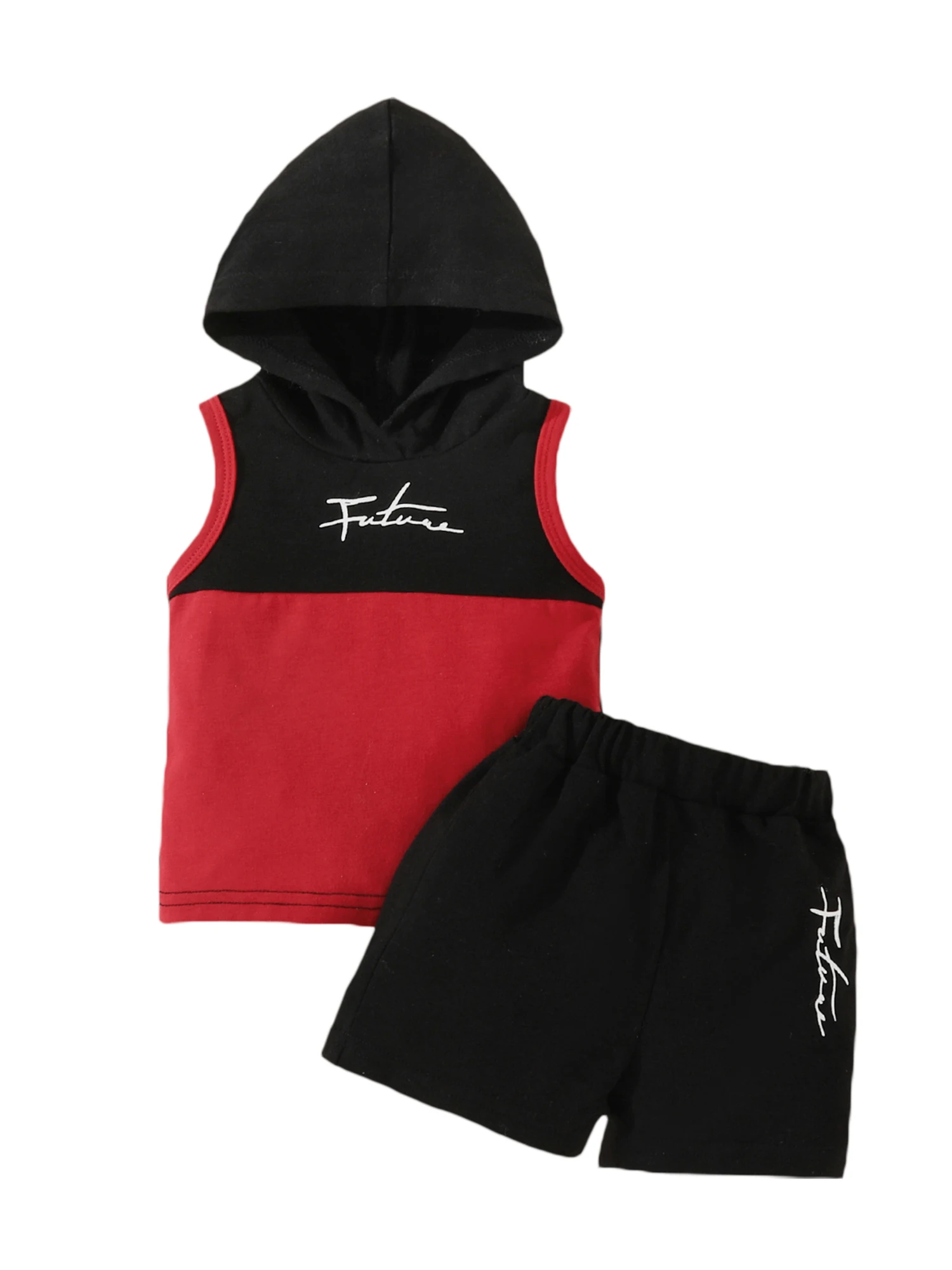 

Baby Boys 2 Piece Summer Outfits Sleeveless Letter Print Contrast Color Hoodie Shorts Set