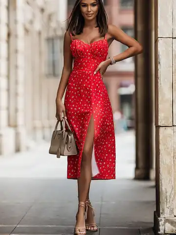 Summer Print Dress Fashion Sexy Spaghetti Strap Holiday Elegant Dresess Slim Hem Split Beach Party Women Dresses Robe Femme 2023