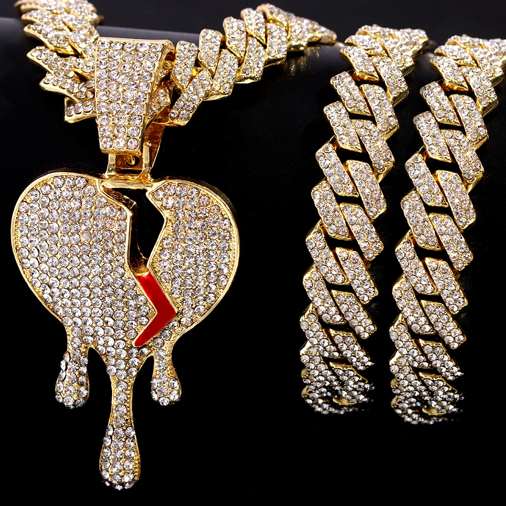 

Hip Hop Men Women Broken Heart Pendant Necklace with 14mm Rhinestone Miami Prong Cuban Chain Bling Iced Out Necklaces Jewelry