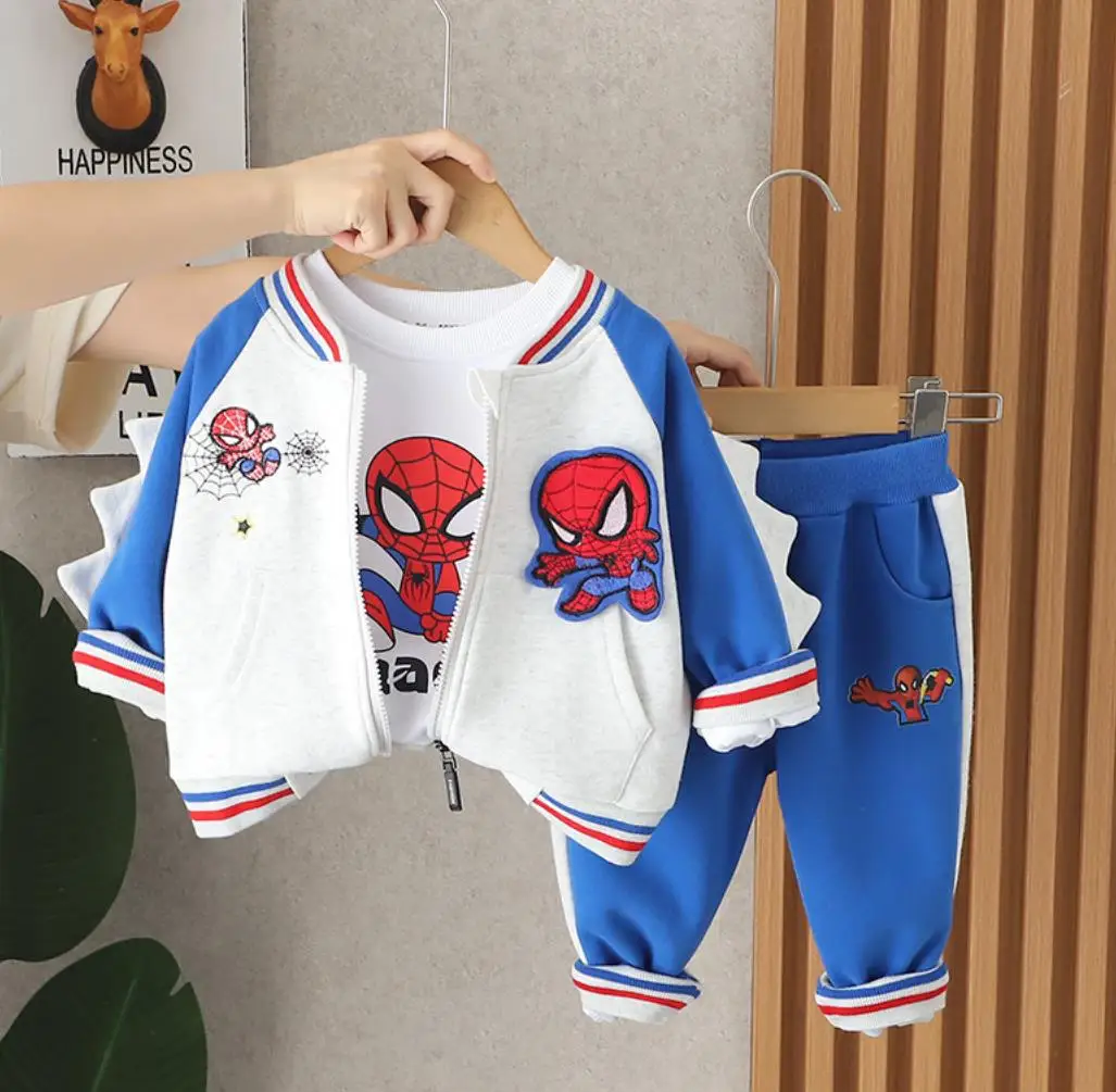 

Осень 2023, детский комплект одежды для малышей, дизайнерская повседневная куртка на молнии с мультипликационным рисунком + футболка + штаны, комплект из 3 предметов для младенцев, спортивные костюмы для девочек